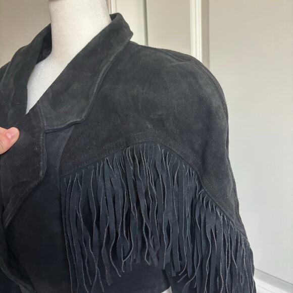 VTG Outerwear by Phoenix 80s Black Suede Fringe Leather Cropped Jacket Western M - Picture 7 of 15
